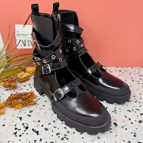 NEW Zara Black Patent Leather Mary Jane Strappy Women’s Combat Boots Sz 41 - Picture 1 of 10